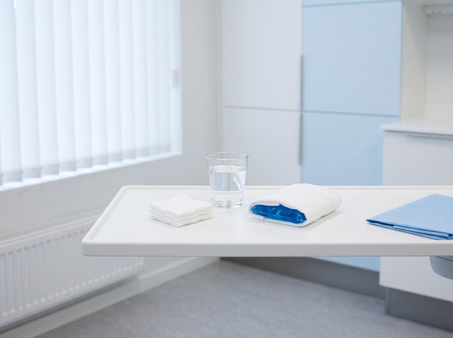 Kylkompress, ett glas vatten och kompresser på en bricka i behandlingsrummet
