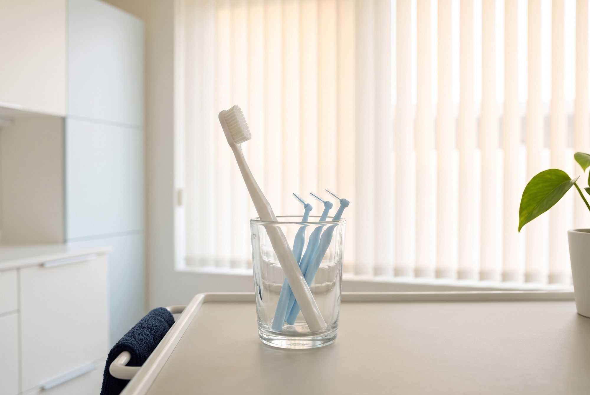 Tandborste och mellanrumsborstar i ett glas på en ljus hylla, mjukt dagsljus genom persiennerna