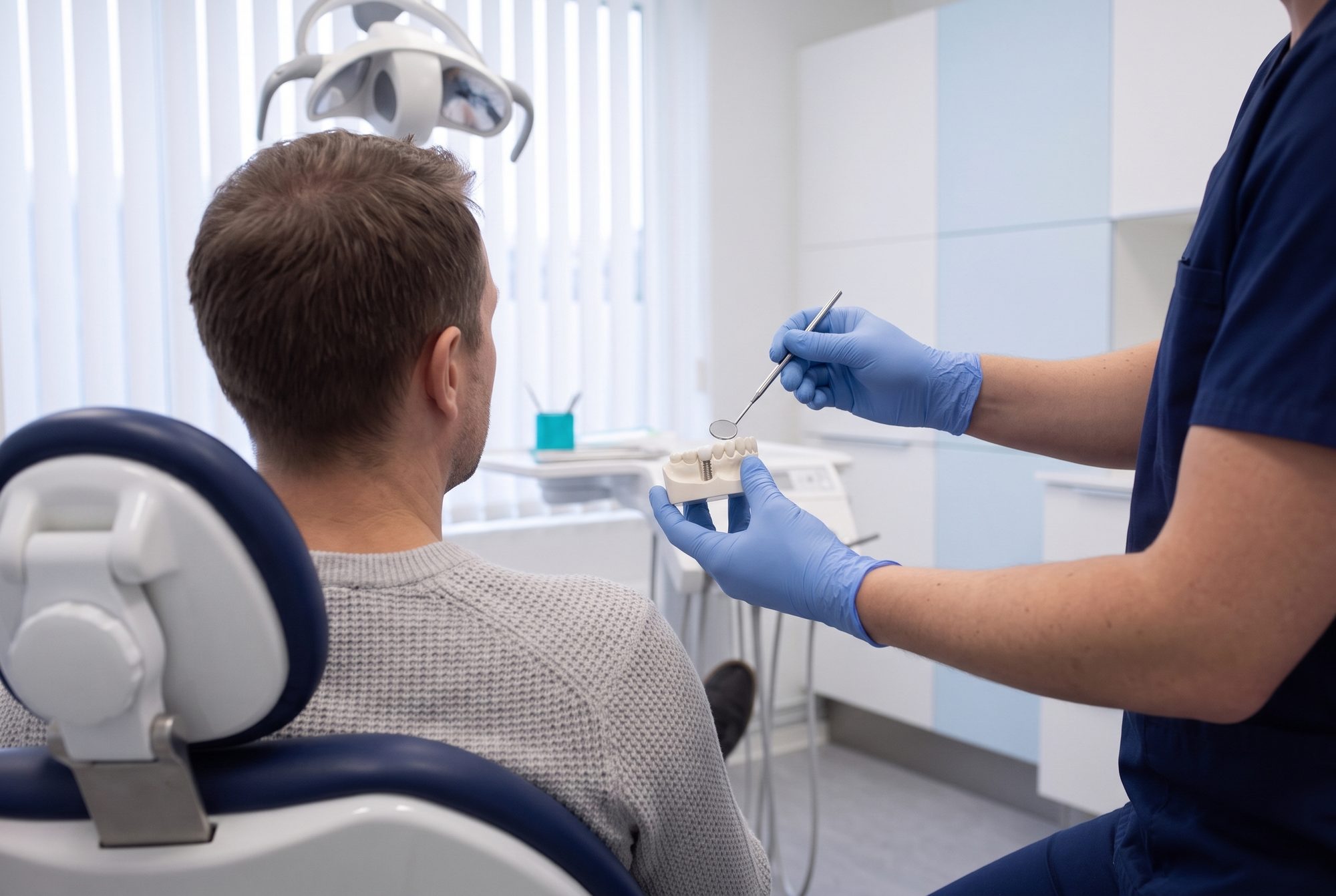 Tandläkarens händer i blå handskar visar en käkmodell med implantat för en patient i behandlingsstolen